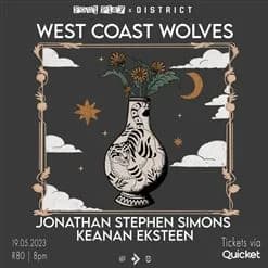 Join us on Friday the 19th of May for a night of uplifting, soulful music with 3 incredible bands!

Lineup:
WEST COST WOLVES
JONATHAN STEPHEN SIMONS
KEANAN EKSTEEN

Doors open at 8PM

Pre and Post Jol at Surfa Rosa downstairs
Online - R80
Door - R100
See you there xx