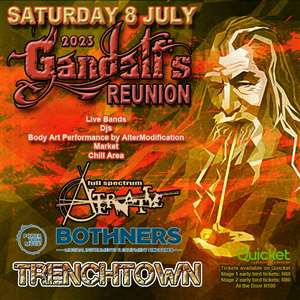 **Gandalf's Reunion Show 2023**

Get ready for the ultimate reunion of music lovers at Gandalf's Reunion Show 2023! Following the massive success of last year's event, we are back by popular demand to bring you another unforgettable experience.

**Event Details:**
Date: Saturday, July 8, 2023
Time: 2:00 PM to 2:00 AM
Venue: Trenchtown, 143 Lower Main Rd, Observatory, Cape Town, 7925

**What to Expect:**
Gandalf's Reunion Show promises an incredible lineup of live bands, DJs, body art performances by AlterModification, a market area, and a chill zone. Get ready to immerse yourself in a world of music, art, and good vibes.

**Specials:**
Stay tuned for the exciting specials offered by Gandalf's during the event. Times and details will be announced soon, but you can look forward to incredible deals on Brandy and Coke, Draught Beer, Tequila Shots, and more.

**Lineup:**
So far, we have confirmed performances by the bands Terminatryx and King Kind. The DJ lineup includes the original owner and DJ of Gandalf's, DJ Antonio. Stay tuned for further updates on the lineup as more artists are announced.

**Ticket Information:**
Secure your spot at Gandalf's Reunion Show by purchasing tickets in advance. Early bird tickets are available for Stage 1 at R60 and Stage 2 at R80. Tickets will also be sold at the door for R100. Don't miss out on this epic reunion – get your tickets now via the secure and encrypted Quicket platform: [Ticket Link](https://qkt.io/T4Pdng)

**Market Details:**
Explore the market area at Gandalf's Reunion Show and discover unique treasures. For more information about the market stalls, email trenchtown.obz@gmail.com. Stall bookings are priced at R150, and stall size is approximately 1.9m x 1.3m.

**Important Information:**
Please note that right of admission is reserved for the event, and entry is strictly for individuals aged 18 and above. No under 18's will be allowed. The event upholds a strict policy against illegal substances but is 420 friendly.

**Directions:**
Trenchtown is the venue for Gandalf's Reunion Show. To find your way, use your preferred navigation app or follow the provided address: 143 Lower Main Rd, Observatory, Cape Town, 7925.

Don't miss this reunion of epic proportions! Prepare for an incredible day and night filled with live music, DJs, art performances, and more at Gandalf's Reunion Show 2023. Get your tickets now, gather your friends, and join us for a memorable celebration of music and camaraderie. Let's make this reunion unforgettable!
