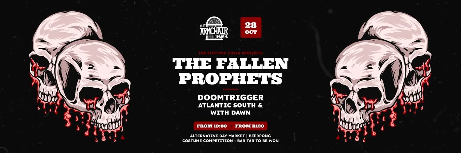 Prepare yourself for an electrifying night of music brought to you by **The ElectricChair** at **The Armchair Theatre**! 🎸

Featuring an incredible lineup, this event promises to be an unforgettable experience:

- **The Fallen Prophets**
- **Doomtrigger**
- **Atlantic South**
- **With Dawn**

These bands will take the stage and deliver performances that will leave you in awe. Whether you're a fan of rock, alternative, or just great live music, this show has something for everyone.

Tickets are available online for **R120**, at the door for **R150**, or get two tickets at the door for **R220**. Students can enjoy a special rate of **R100** with a valid student card.

Join us for a night of music that will rock your world. Get your tickets and be part of this incredible musical journey! 🎶🤘 #livemusic #rockmusic #capetownevents #musiclovers #southafricanbands