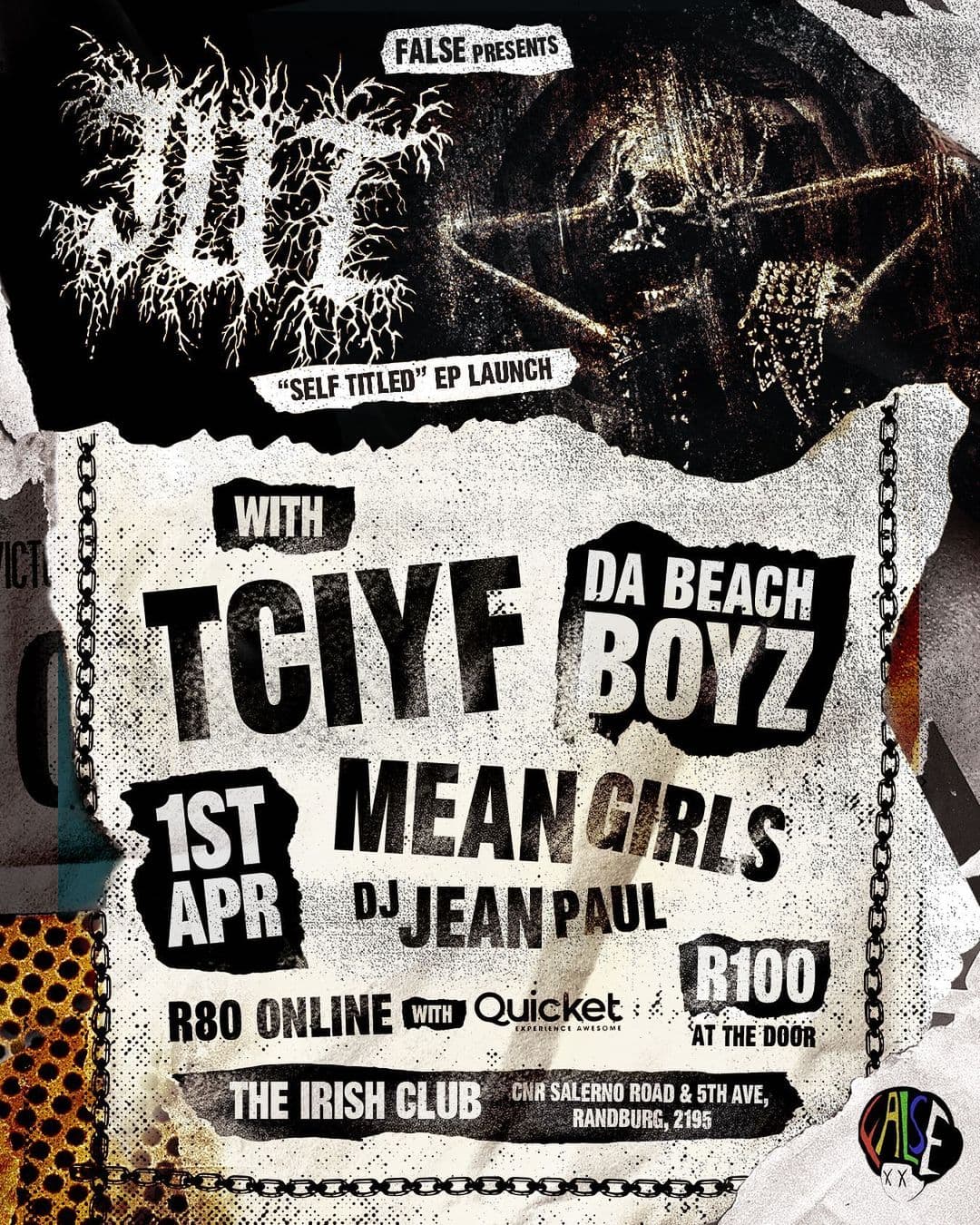 @falseonline
The @jut_hxc EP Launch - Live at the Irish
Join us as we celebrate the launch of local punkers, Jut’s debut EP. We’ll be tearing it up at the Irish, with the help of @tciyf_ , @dabeachboyzhc and @meangirlspunk . The evening will be closing with maximum vibes from DJ Jean Paul.
Saturday 1st April 2023
The Irish, Linden (Car Salerno Rd & 5th Ave)
8.30pm - Mean Girls
9.15pm - TCIYF
10pm - Da Beach Boyz
10.45pm - JUT
Entrance: R80 Online / R100 at the door
Get your tickets at Quicket: tbc
Merchandise on sale. Spread the word