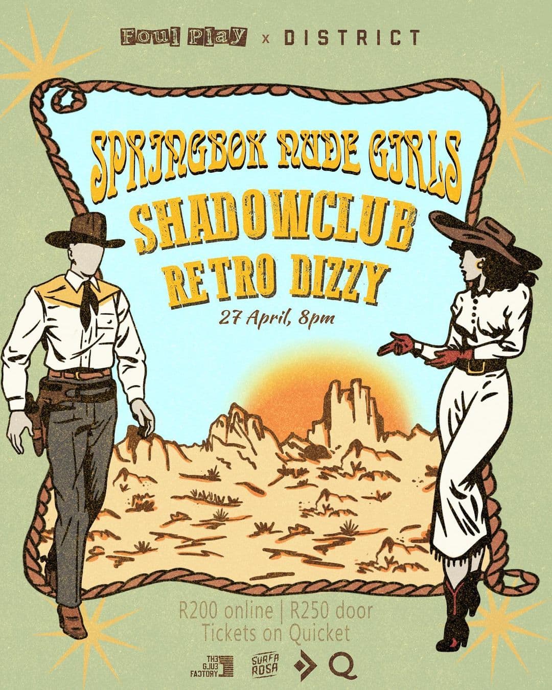 Okay…This is crazy! 😱
We have 3 LEGENDARY bands on ONE lineup for y’all to lose your minds to.
Join us on the 27th of April @district_ct for another Big Gig.
We’ve got @retro_dizzy AND @shadowclubofficial AND @springbok_nude_girls 🤘
I honestly don’t know what else to say 😅
Pre and Post Jol @surfarosact
Visuals by the always epic @thegluefactorycollective
Doors open 8PM
First band on at 9PM
Ticket link in bio and @quicket
See you there, partners! Yeehaw 🤠