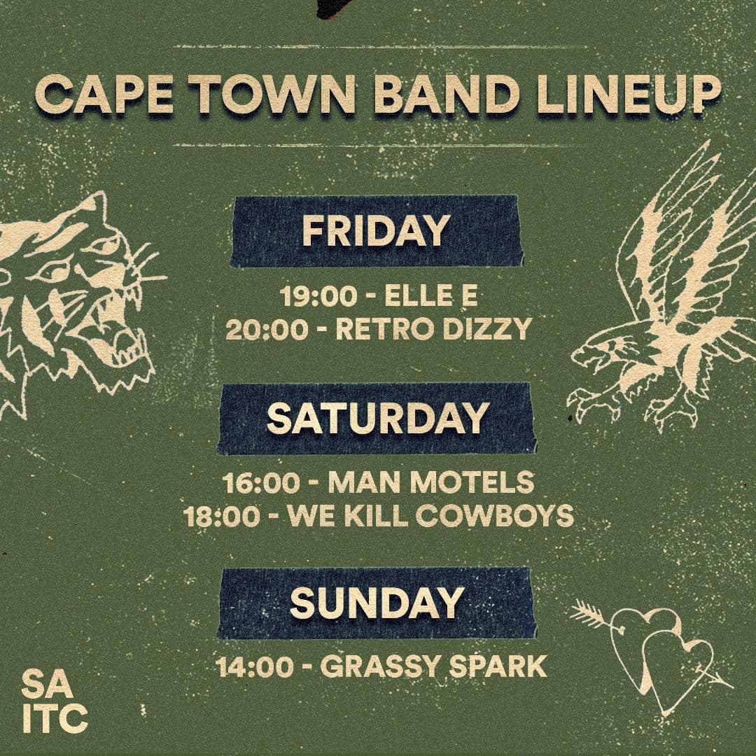 The official Band lineup for Cape Town @sa_tattooconvention
@ellee.band
@retro_dizzy
@themanmotels
@we.kill.cowboys
@grassyspark
