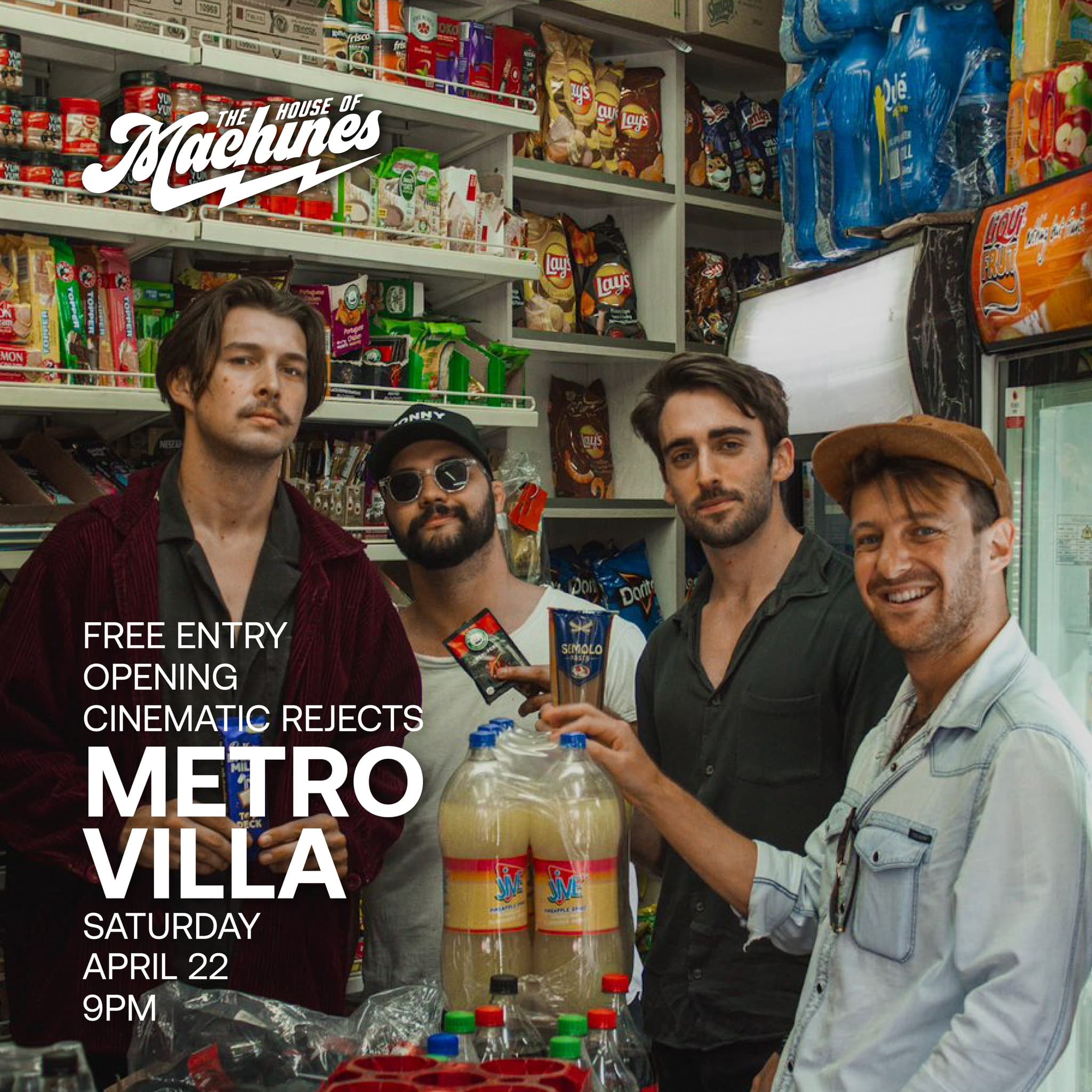 Metro Villa is an alternative rock band hailing from Cape Town, South Africa. They formed in 2019 and after playing a round of live shows in 2022, released their debut single 'Sort Yourself Out' in November 2022.
The band ended off the year by playing their last show at District, Cape Town where they opened for legendary, Bellville based rock band aKING.
In March 2023, they released their next single 'Vodka and Smoke'. This took the band in to more of a heavier musical direction, with a harder, rockier sound.
Their sound can be described as a mixture of 'Queens of the Stone Age' and 'Arctic Monkeys'.
The Cinematic Rejects are here to save cinema by making music instead. Strutting the line between the tight, energetic grooves of the Arctic Monkeys and the raw emotional wildness of My Chemical Romance’s The Black Parade, The Cinematic Rejects bring a new energy to a familiar sound that is guaranteed to get the party started!