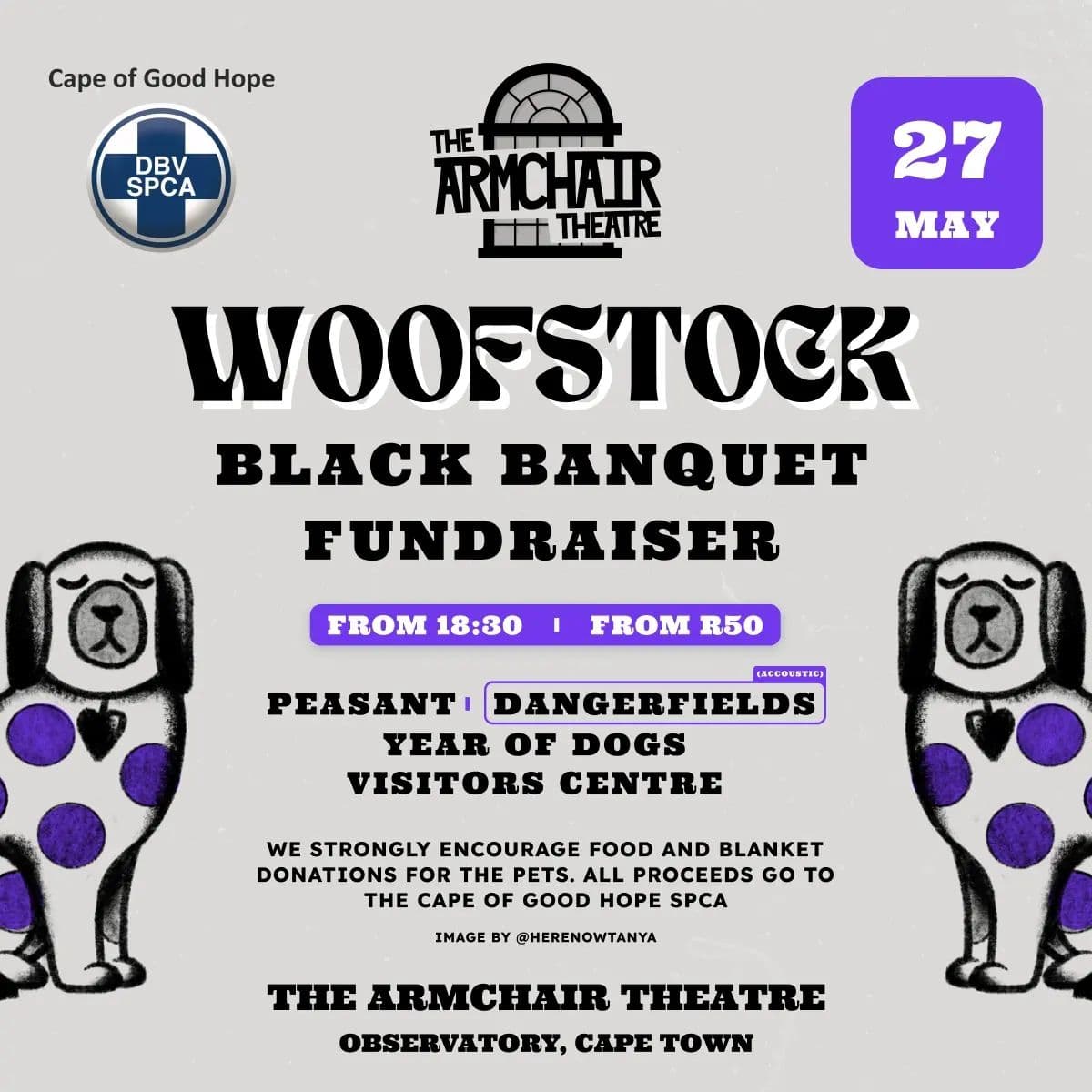 On Saturday 27 May, we'll be sharing the @ourarmchair stage with the amazing @peasant.hc, @yearofdogs_ and @visitorscentreband for Woofstock: Black Banquet!
We will be playing a 3-piece acoustic set, doing stripped down renditions of our songs.
The event is a fundraiser for the @capespca to whom all proceeds will go.
We are also encouraging guests to bring blankets and canned food for the animals to help them get through the winter.
Pull in and watch us get vulnerable for a good cause 🪽