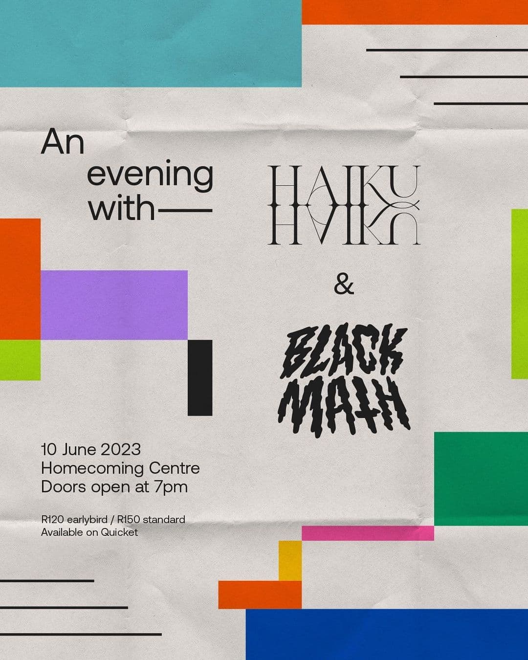 Haiku Haiku invite you to an intimate and exclusive theatre performance at the Homecoming Centre in District Six. They will be performing tracks off their debut EP as well as new and unheard music. The set will combine live visuals with their distinctive and dreamy performance style. The show will be opened by Black Math, offering something more edgy and raw and the promise of a totally unique evening out in Cape Town.
Haiku Haiku is a musical duo from Cape Town, South Africa. They offer something totally unique to the local scene with their striking visual performance and distinctive sound. Producer and well-versed pop composer, Sean Ross combines his talents with classically trained violinist, Caley Garden. Together they project classical sensibilities onto a digital landscape creating a sound that is broad, yet intricate, enigmatic and uplifting. Their performance combines electronic elements with live string quartet, creating a visually captivating and ethereal atmosphere that is totally unique to the South African scene. They released their debut EP, We Become All We Are in October 2022 and are currently working on new music.
Black Math is a three-piece band originally from Durban, South Africa. The band consists of Tyla Burnett (Bass Guitar), Cameron Lofstrand (Guitar/Vocals) and Acacia Van Wyk (Drums). Forming in 2010, they were friends in high school who shared a deep love for music. Over the years they made a name for themselves in the South African music scene and have grown into the power trio they are today. The music is raw, unforgiving and will hit you when you least expect it. They have developed their own sound that draws from genres like doom, noise rock, garage, psychedelic rock, punk and metal. Their live shows are intense, visceral and intimate.
Doors open at 7pm and seating in the theatre is unreserved.
Drinks will be on sale.