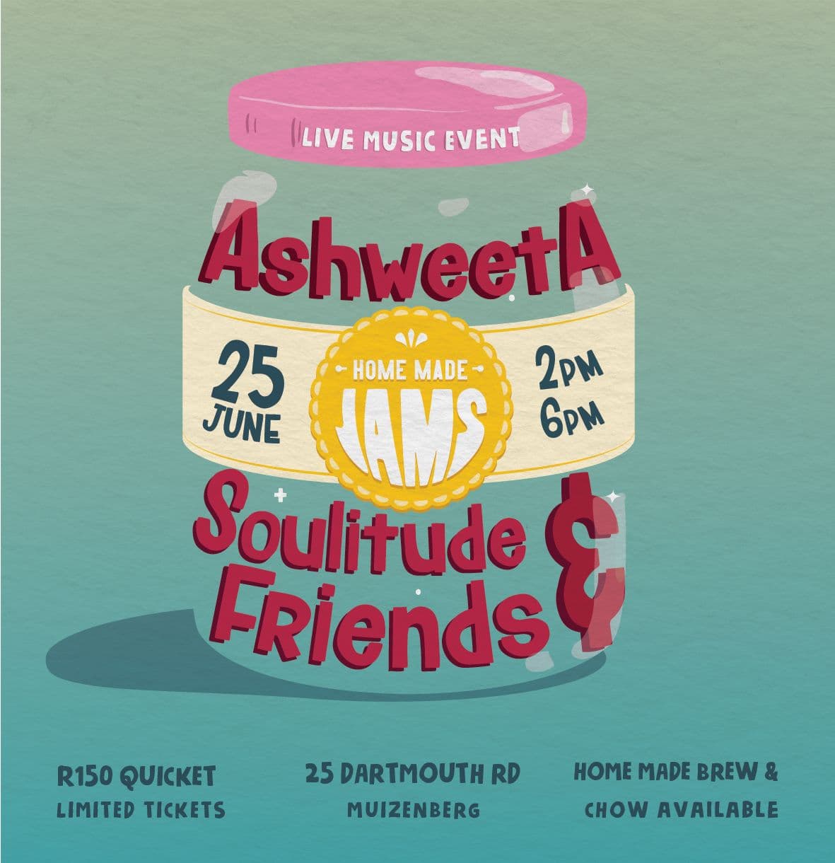 Soulitude and Friends Present: Homemade Jams
Get ready to immerse yourself in an evening of soulful music and intimate vibes at the living room venue of a beautiful home on Dartmouth Road, Muizenberg. Soulitude and Friends invite you to experience the magic of Homemade Jams, featuring two phenomenal live bands: AshweetA and Soulitude with Friends.
Event Details
Date: (Date of the event to be mentioned)
Venue: 25 Dartmouth Rd, Muizenberg, 7950 (Cosy/intimate lounge venue)
AshweetA: Grooves with a Local Flavor
AshweetA, a dynamic trio hailing from Cape Town, will captivate you with their original music that seamlessly blends Goema, Funk, Dub-Jazz, and global groove. Jimi Curve on Bass and vocals, Wayde Hardy on percussion, and Dan Boshoff on guitars create a unique sound that embodies the spirit of the local music scene. Be among the first to experience their debut album, set to be released in June 2023.
Soulitude with Friends: Jazz, Funk, and Poetry
Led by Monwabisi "Soulitude" Dasi, a passionate cultural activist, Soulitude with Friends is a collective of talented musicians who share a deep love for creating and communicating through music. Join Benji of Concept Records on Piano, Ben Jamieson on Bass, Keegan Steenkamp on trumpet, James Cloete on percussion, harmonica, and ixilongo, and Dan Boshoff on Lead Guitar as they come together to weave a rich tapestry of Jazz, funk, Storytelling, Rhythm, Soul, and Poetry. Prepare to be moved by their soul-stirring performance.
Ticket Information
(Ticket prices and availability details to be provided)
An Unforgettable Evening
Soulitude and Friends invite you to join them for an intimate gathering of music enthusiasts at the Homemade Jams event. Delight in the cozy atmosphere, engage with the artists, and let the music transport you to a place of pure joy and connection.
Experience Homemade Jams
Mark your calendars and get ready for an unforgettable evening of live music and heartfelt performances. Join Soulitude, AshweetA, and their friends at the enchanting living room venue on Dartmouth Road. Immerse yourself in the Homemade Jams experience and embrace the beauty of music created with passion and soul.
🎵 Don't miss out on this unique and soulful event! Secure your tickets now and be a part of the Homemade Jams journey with Soulitude and Friends. Let the music fill your heart and uplift your spirit. 🎵