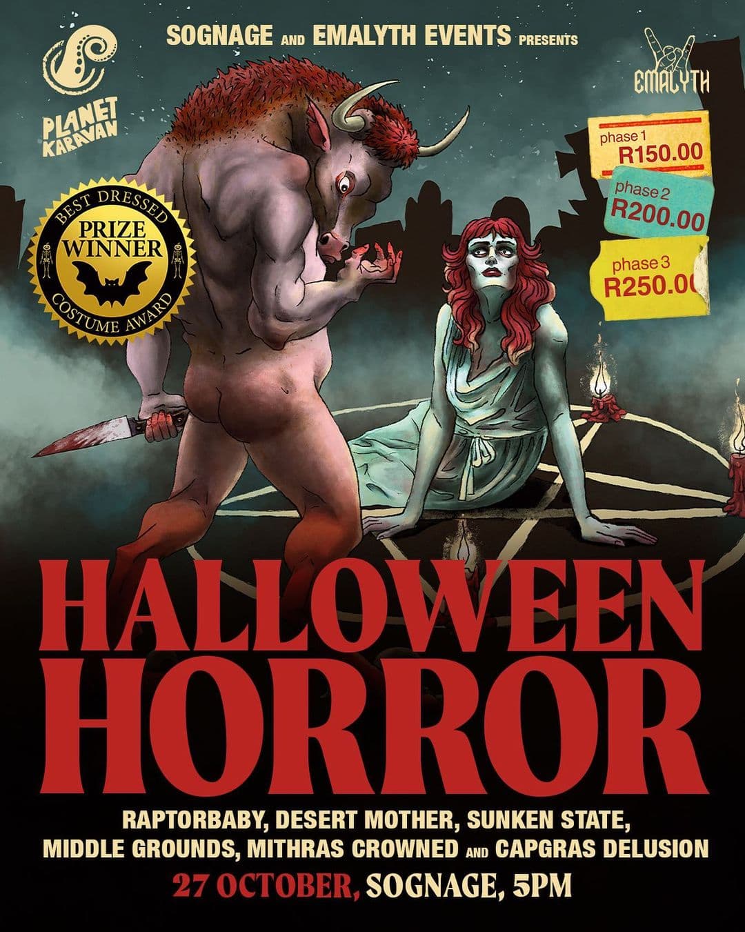 **Halloween Horror at Sognage**
Get ready for a thrilling Halloween event like no other! We're excited to announce that Halloween Horror is returning, hosted by our friends at Emalyth Events. Last year was amazing, and this year promises to be even bigger and better. Join us for an unforgettable night of frights and fantastic music.
**Event Details:**
Date: October (specific date to be announced)
Venue: Sognage
**What to Expect:**
Come dressed in your most creative and spooky Halloween costumes and immerse yourself in the eerie atmosphere. Get ready to experience spine-chilling performances from an incredible lineup of bands, including:
- Desert Mother
- Mithras Crowned
- Capgras Delusion
- Raptorbaby
- Middle Grounds
- Sunken State
Prepare yourself for a night of intense energy, haunting melodies, and a Halloween celebration you won't forget.
**Ticket Information:**
Secure your spot for Halloween Horror by purchasing tickets now. Tickets can be purchased through the link in our bio or on our website at Middlegroundsband.com. Stay tuned for ticket prices and availability.
**Directions:**
The venue for Halloween Horror is Sognage. Please refer to your preferred navigation app or use the address below to find your way:
Address: Sognage (exact address to be announced)
Join us at Sognage this October for Halloween Horror, a night filled with spine-tingling music and Halloween festivities. Dress to impress and immerse yourself in the eerie atmosphere as you enjoy performances from Desert Mother, Mithras Crowned, Capgras Delusion, Raptorbaby, Middle Grounds, and Sunken State. Get your tickets now and be prepared for a night of thrills and excitement!