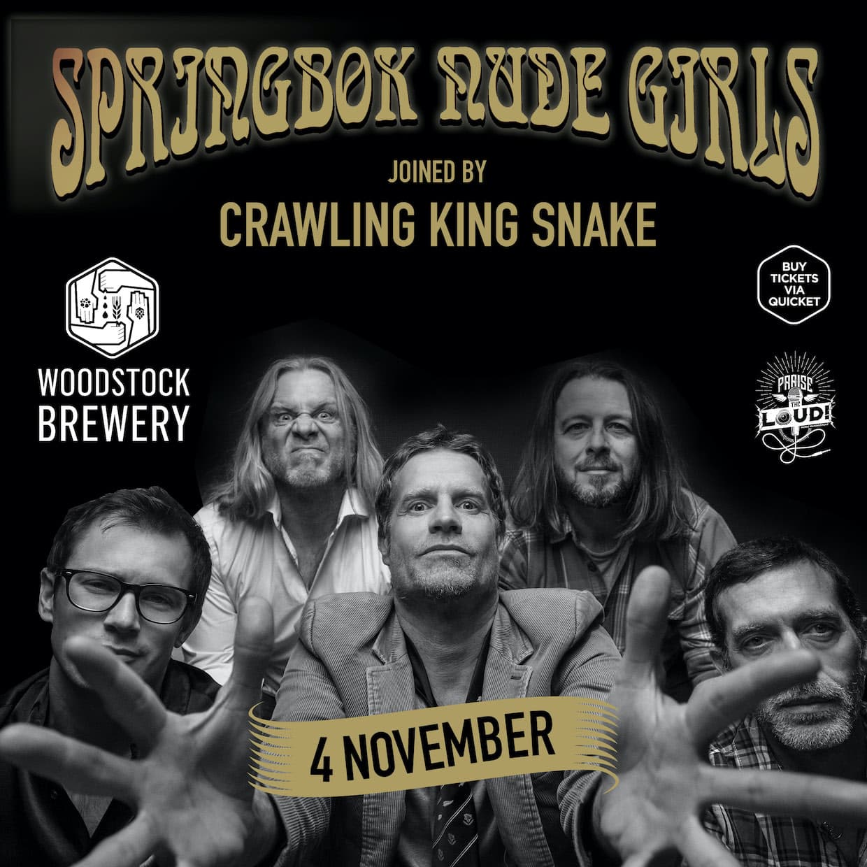 Get ready for an electrifying night of music on November 4th, 2023, featuring the iconic SPRINGBOK NUDE GIRLS and the genre-defying CRAWLING KING SNAKE! 🎶
🎟️ TICKETS:
- R160 Early Bird
- R180 Pre Sale
- R200 Door
🚪 DOORS OPEN: 19H00
🎤 PERFORMANCE TIMES:
- Crawling King Snake at 20H30
- Springbok Nude Girls at 21H30
SPRINGBOK NUDE GIRLS, one of South Africa’s most cherished rock bands, are renowned for their high-energy stage shows and a unique musical blend that fuses Rock, Punk, Reggae, Metal, Funk, and Jazz. With an impressive catalog of 11 albums, two live recordings, an EP, two DVD releases, and even a UK-exclusive release, their creative fervor shows no sign of waning. Expect an exhilarating modern rock experience like no other!
CRAWLING KING SNAKE, on the other hand, defy genre classification. Their music is a captivating mixture of styles, rooted in the deep south's swamp blues, adorned with gospel choir melodies, and sprinkled with electronic dance elements. This is 'Electro Swamp Boogie Blues' at its finest. The brainchild of George van der Spuy, frontman of Taxi Violence and Goodnight Wembley, CKS brings a groovy twist to the blues. Joining him is Gust Greyvenstein, bassist extraordinaire, and Steven Jacobson on drums, ensuring you'll be swaying your hips, tapping your feet, and bobbing your head to their irresistible tunes!
This is a night of music you won't want to miss, so get your tickets early and be part of an unforgettable rock and blues experience! 🤘🔥