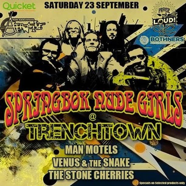 🎸🔥 Get ready to rock and roll with the #SpringbokNudeGirls in a #partypocalypse like no other! Join us at Trenchtown on September 23rd for a night of music that's hotter than Cheslin Kolbe on the field. 🏉
Tickets are selling faster than lightning, so don't miss out! Click the link in our bio to secure yours now. 🎫🏃♂️ #LiveMusic #RockOn #PartyTime #Trenchtown #SpringbokNudeGirls
