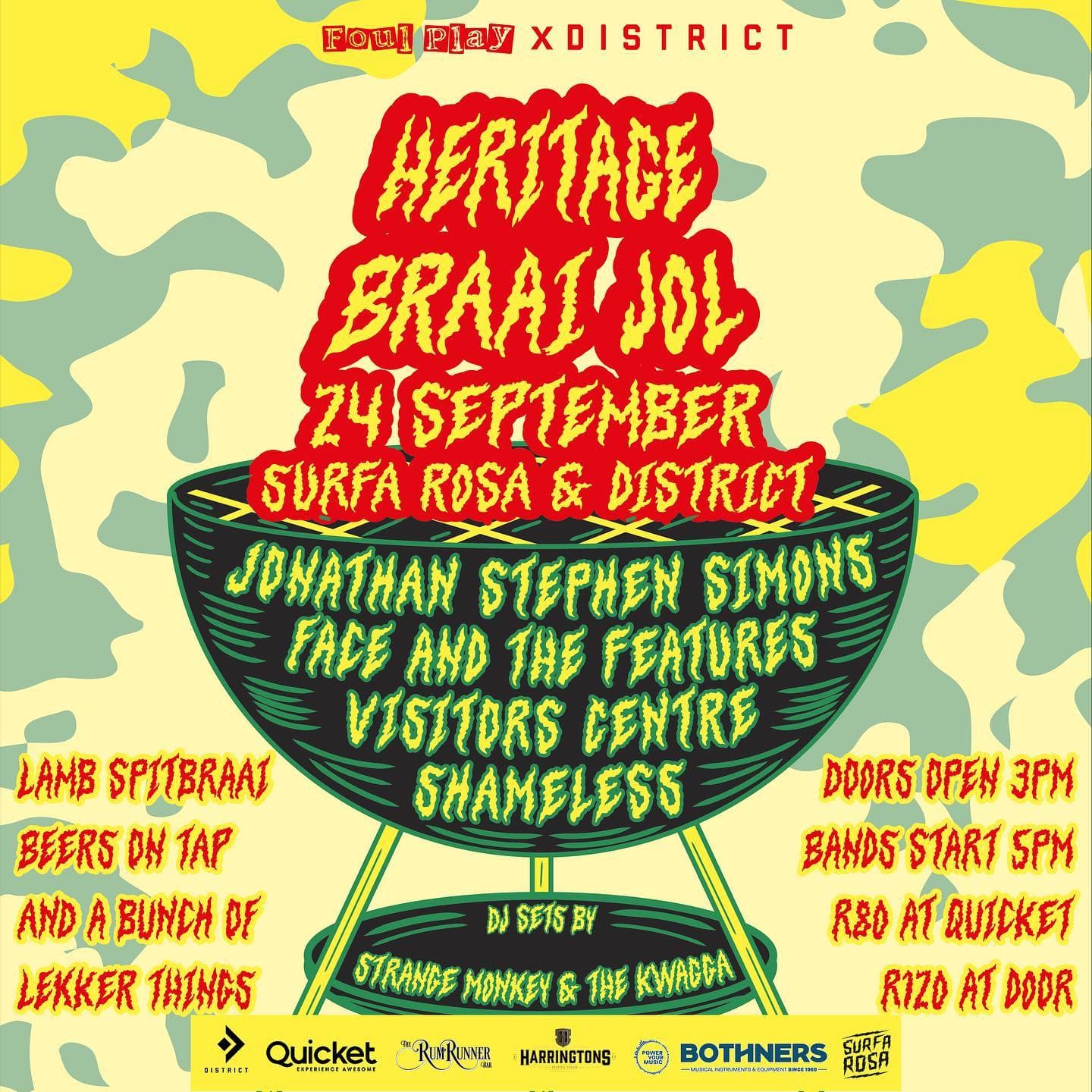 🇿🇦 @Foulplay_Presents and @DistrictCT proudly invite you to celebrate Heritage Day the South African way: with a sizzling Braai, ice-cold Beers, live Bands, and a bunch of fun in between!
Spend your Sunday indulging in mouthwatering food, playing exciting games, and grooving to amazing music.
We've got an incredible lineup for you, featuring 4 awesome bands and talented DJs to kickstart and close the event.
Let @JonathanStephensimons serenade you with soulful tunes that'll grab your heart from the first strum to the final cymbal crash. Keep the energy flowing and the vibe alive with each band, getting groovy with @Faceandthefeatures and experiencing the end of the world with @Visitorscentreband. Finally, we're closing the night with the electrifying high-energy performance by @Shamelessbandsa, a Johannesburg-based band we've been eager to have on our lineup.
So, join us for an incredible day and evening. Bring your friends, leave negativity at the door, and let's celebrate together.
Event starts at 3 PM
Live music kicks off at 5 PM (with DJs before and after)
Get your tickets online for just R80 or grab them at the door for R120.
Backline proudly sponsored by @Bothnersmusicalinstruments 🎶🔥🍖🍻
#HeritageDay #BraaiDay #LiveMusic #CelebrateHeritage #SouthAfricanMusic #FoodFunMusic #GoodVibes #PartyTime