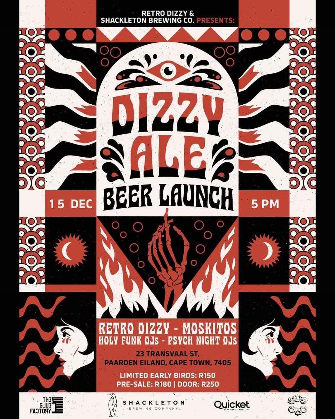 Join us at The Shred in Cape Town for the exclusive Dizzy Ale Beer Launch event on 15 Dec at 5 PM, presented by Shackleton Brewing Co. Witness a remarkable lineup featuring Retro Dizzy, Moskitos, Holy Funk DJs, and Psych Night DJs. Enjoy early bird prices at R180 with door tickets available at R250. Don't miss this unique blend of craft beer and eclectic music!