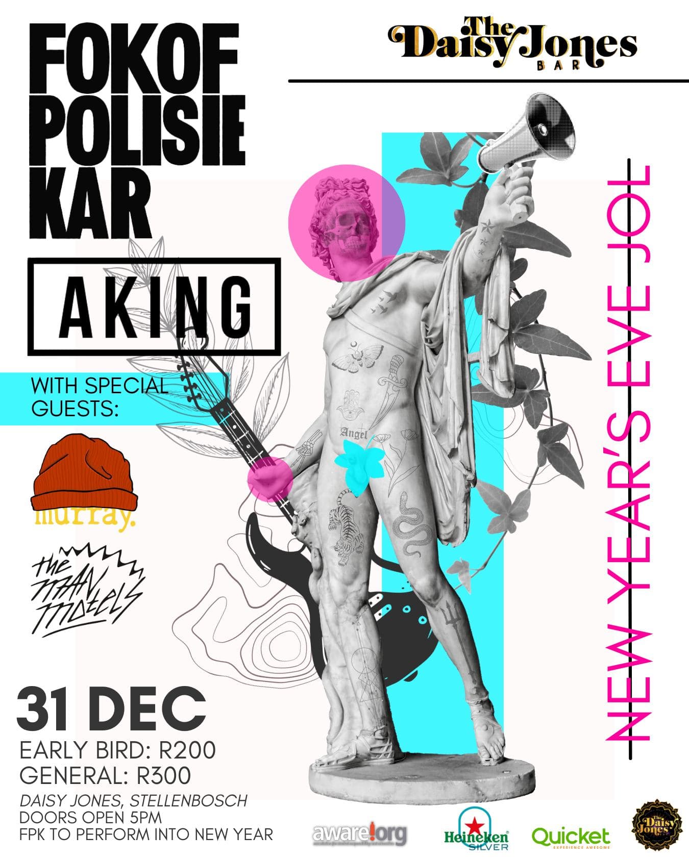 Join the New Year's Eve Celebration at The Daisy Jones Bar in Stellenbosch with headlining bands Fokofpolisiekar and aKing. Special guests include Murray and The Dinahs Medals. Get your tickets now for an unforgettable kick-off into the New Year! Doors open at 5PM. Get your tickets early for R200 or R300 at the door. Don't miss this high-energy event presented by Quicket.