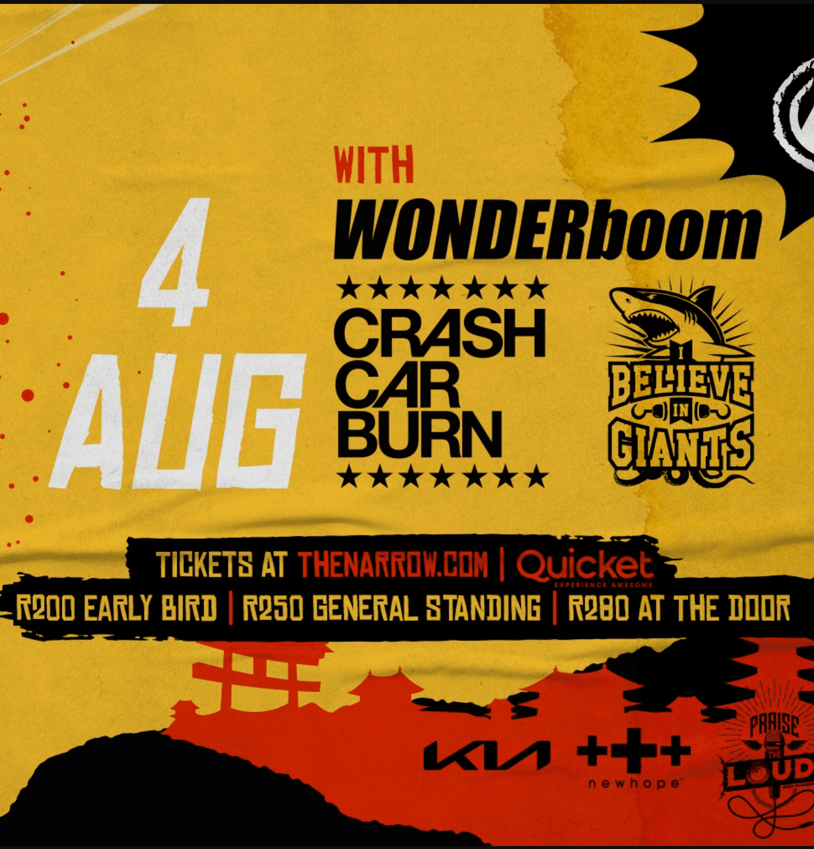 Experience The Narrow's Riffs of Fury 2 Tour at Sognage, Johannesburg
Get ready to heat up your winter with an electrifying performance by The Narrow as they bring their Riffs of Fury 2 tour to Sognage. Prepare yourself for an unforgettable night of rock music featuring a stellar lineup of supporting bands including Wonderboom, CrashCarBurn, and I Believe in Giants.
Event Details:
Date: Friday, August 4
Time: Doors open at 6pm, first band starts at 7pm
Venue: Sognage, 304 Tungsten Rd, Strydompark, Johannesburg, 2169
Supporting Bands:
Get ready for an incredible showcase of talent as Wonderboom, CrashCarBurn, and I Believe in Giants take the stage alongside The Narrow. These bands will amplify the energy and create an electrifying atmosphere for rock enthusiasts.
Tickets and Pricing:
Secure your spot for this high-energy event. Take advantage of the limited early bird offer at R200, or get your presale ticket for R250. Tickets will also be available at the door for R280. Don't miss out on this opportunity to witness The Narrow's powerful performance.
Directions:
Finding your way to Sognage is simple:
Address: Sognage, 304 Tungsten Rd, Strydompark, Johannesburg, 2169.
Use the provided directions or your preferred navigation app to reach the venue conveniently and prepare for a night of rock music at its best.
The Narrow has been recognized with SAMA nominations for Best Rock album and has established a reputation as a live band with serious energy and professionalism. Having headlined numerous major festivals and performed alongside renowned acts like Korn and Marilyn Manson in Europe, The Narrow continues to reignite their fans with national tours. This time, it's personal!
Mark your calendar for Friday, August 4, and get your tickets now for a secure and encrypted payment process. Prepare yourself for a night filled with electrifying performances by The Narrow, Wonderboom, CrashCarBurn, and I Believe in Giants. It's an event you won't want to miss!